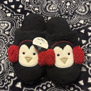Penguin Slippers with Red Earmuffs